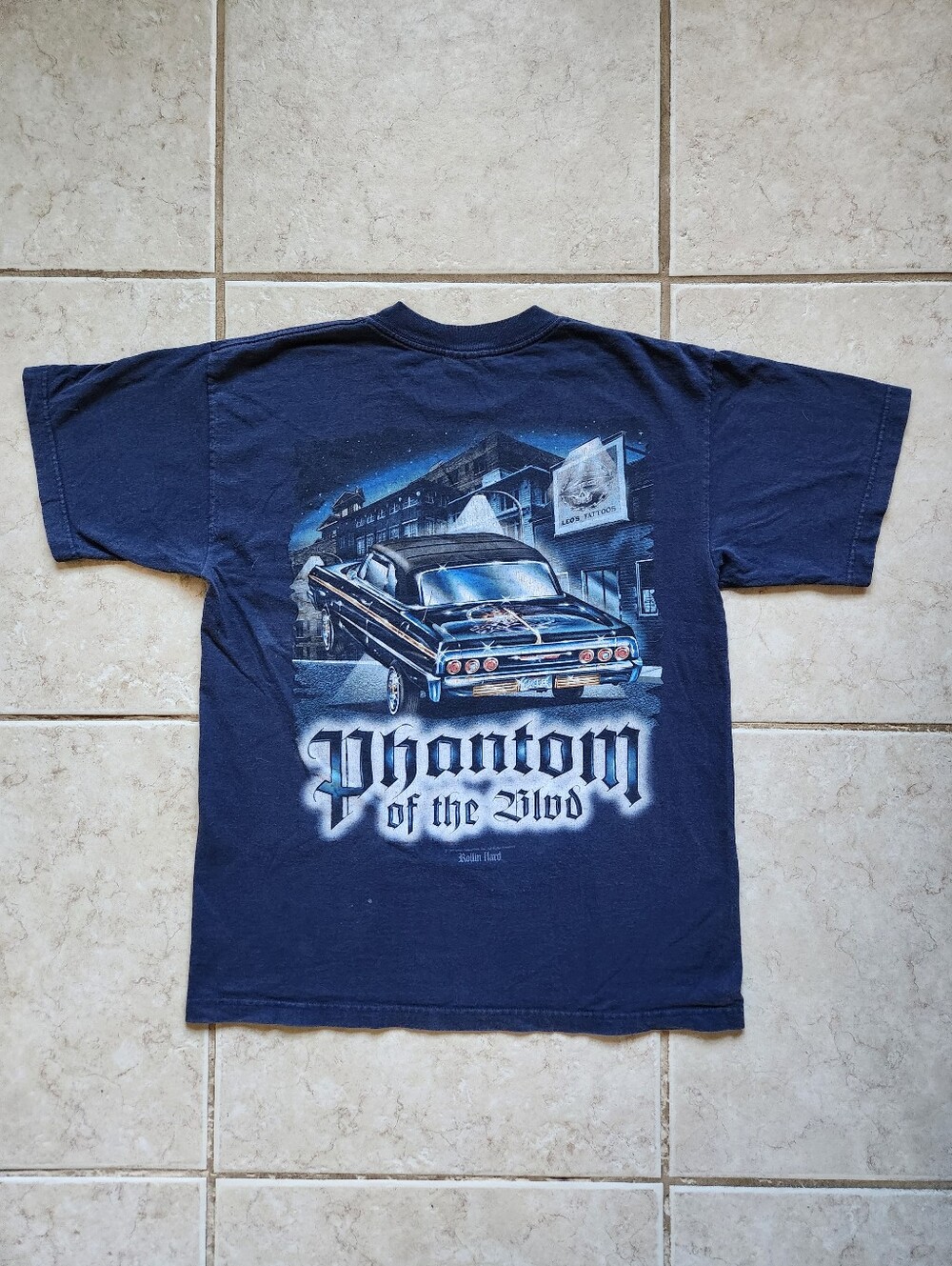 VTG Y2K Rollin Hard Lowrider Graphic Tee L Navy Blue Phantom of the Blvd